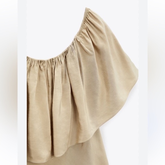 NWT ZARA Beige Linen Off the Shoulder Ruffle Blouse Top Shirt - Picture 3 of 4
